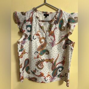 Talbots White Flutter Sleeve Blouse with Mandarin Collar